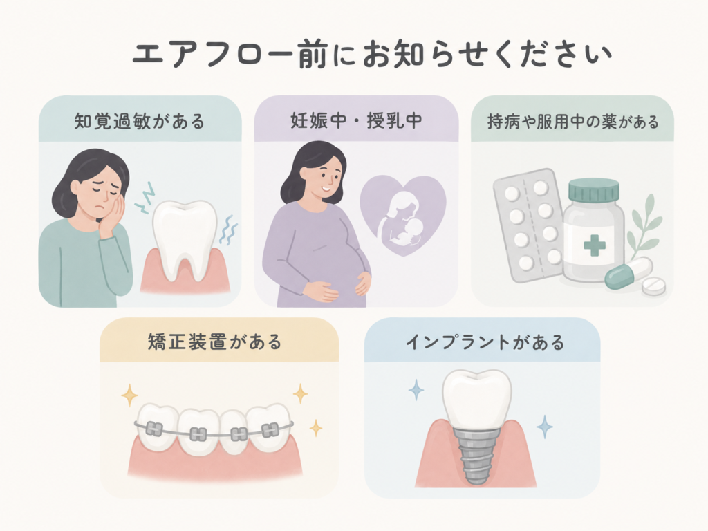 エアフローを受ける前に歯科医院へ伝えたい注意点の図解
