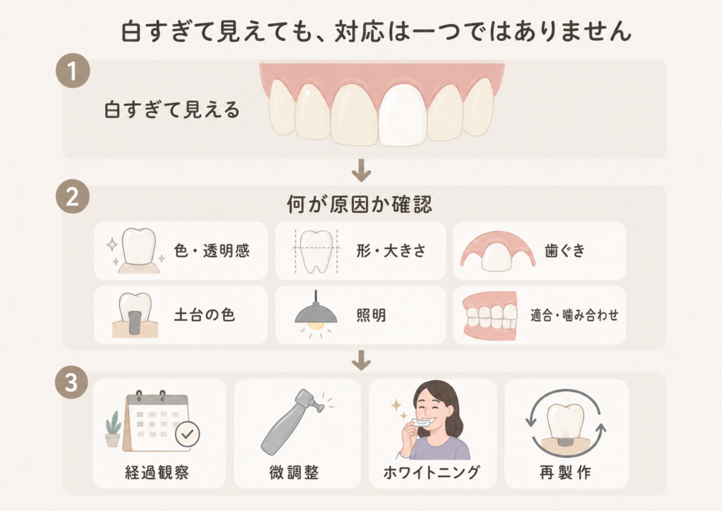 セラミックが白すぎて見える原因を確認してから治療方法を選ぶ流れ