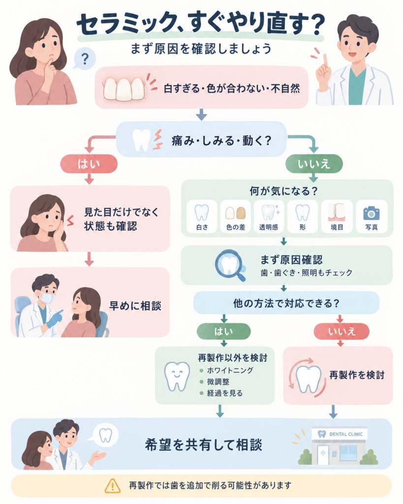 セラミックの見た目が気になるときに、症状の有無や原因を確認して再製作を検討する判断フローチャート