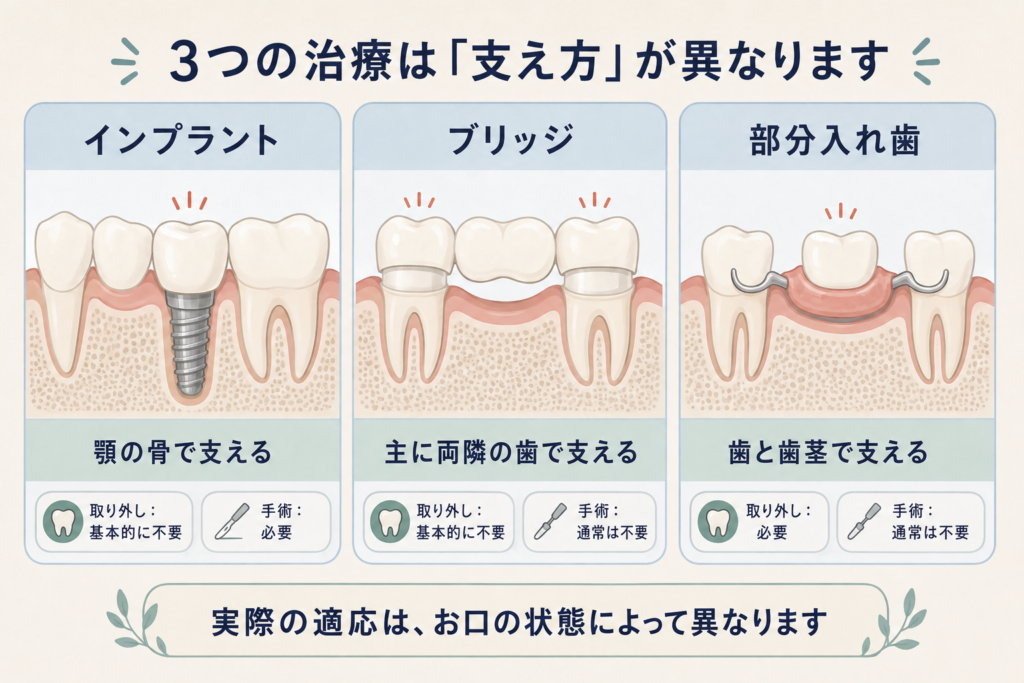 奥歯1本を補うインプラント・ブリッジ・部分入れ歯の支え方の違い