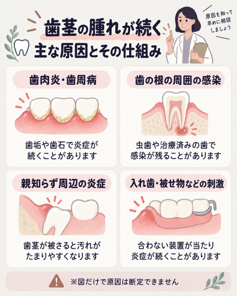 歯茎の腫れが長引く主な原因。歯周病・歯の根の感染・親知らず周囲の炎症・入れ歯などの刺激を示す模式図