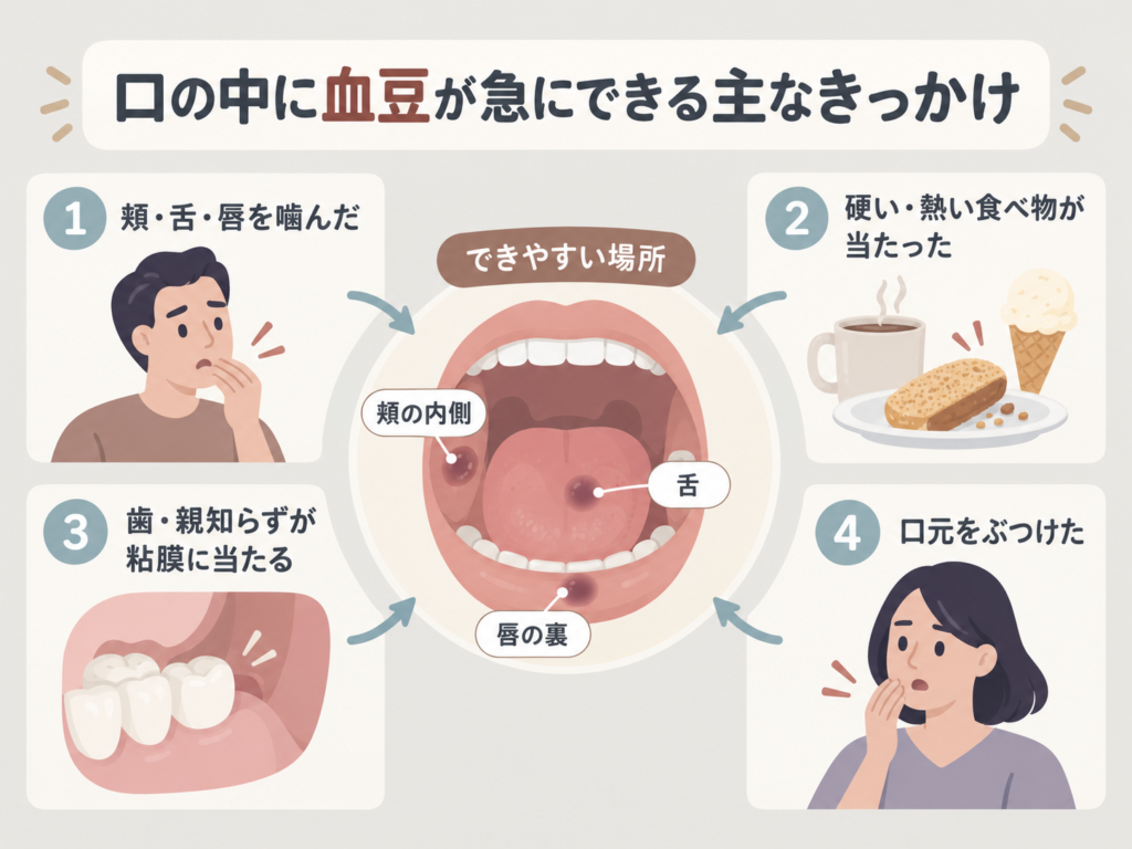 口の中に血豆ができる主なきっかけと頬の内側・舌・唇の裏のできやすい場所を示す図解