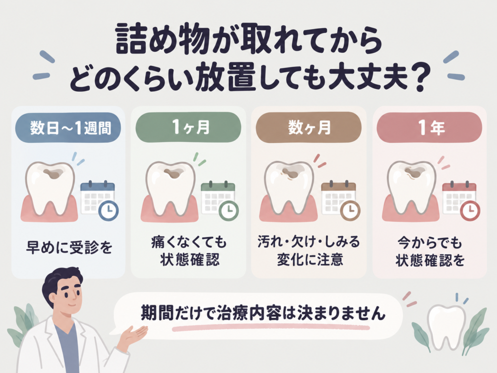 詰め物が取れてから数日・1週間・1ヶ月・数ヶ月・1年経過した場合の受診目安