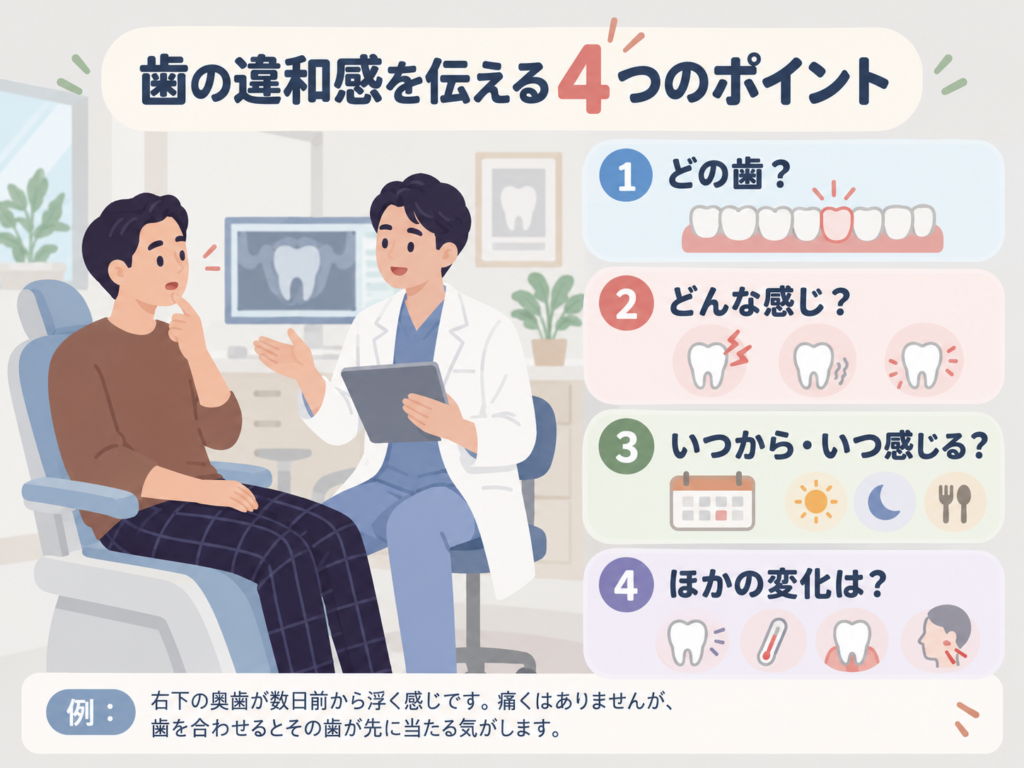 歯が高く感じる原因を比較した図。実際に特定の歯が強く当たる場合と、強い接触がなくても高く感じる場合の違い