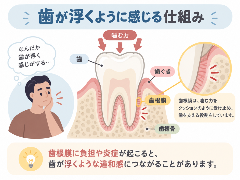 歯が浮くように感じる仕組みを示した断面図。歯根膜・歯槽骨・歯ぐきの位置と、噛む力による負担を解説